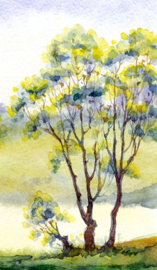 Parlak el çizimi suluboya ressamı temiz hava batımı sahnesi çiziyor. Kağıt arkaplan metin alanı. Açık yeşil renkli boya sanat eseri çalılık vadi çimenliği sakin bir günde dere kıyısı manzarası