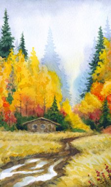 Kağıt desenli arkaplana elle çizilmiş suluboya resim. Taiga nemli sis günü manzaralı bulutlu manzara üzerine metin uzayı. Parlak kırmızı turuncu renk yabani çimen bitkisi kara akrilik Rusya manzarası