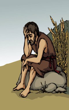 Vektör çizimi. Üzgün bir adam ve domuzlar