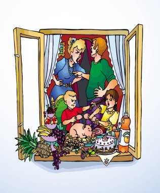 Elle çizilmiş taslak çizimi: Suçlama krizine karşı yemek yeme sahnesi. Hat genç kötü kıskanç erkek oğlan oğlan oğlan oğlan dövülmüş kız zengin baba üzgün kadın anne oda kıskançlığı yiyor