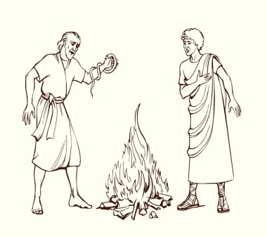 Yaşlı Yahudi namaz kılığına gir, Tanrı 'ya dua et ölü, vahşi, sürüngen dişleri öldür, kol kavgası yap, sıcak, beyaz, deniz kıyısındaki vahşi yaşam sahil kampında öl. İsrailli yahudi adam inanç hikayesi eskizini çizdi.