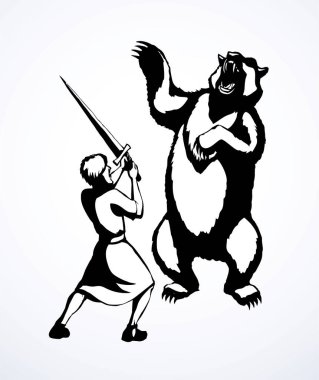 Vektör çizimi. Kızgın bir ayı adama saldırıyor.