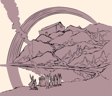 Vektör çizimi. Nuh, Tanrı 'ya kurban sunuyor.