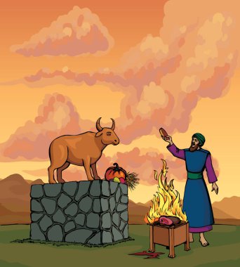 Orta Doğu 'daki büyük etnik Mısır altın çağında Yahudi günah beyaz kral ritüel boynuzu çiftliği erkek sığır ağası tapınağı simgesi. Çizgi siyah kalemle çizilmiş resim eskizi kutsal Musa hukuku hikayesi sanat stili