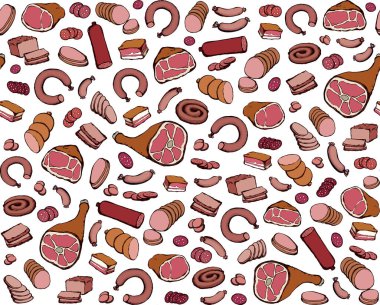 Yağsız domuz yağı, domuz budu, pirzola, bıçak, aperatif, beyaz arka plan. Kırmızı çizgi çizili natur buğulama kuzu eti sosis sosis, pirzola dükkânı öğle yemeği menüsü simge retro resim tasarımı tasarımı