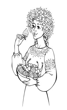 Genç tezahürat yapan genç bayan insan yüzü kolu eski beyaz kır bitkisinin tadını çıkarıyor. El yapımı retro sanat eskizi olgun bahar sezonu lezzetli, taze, biyo-yetişmiş diyet atıştırmalık kültürü taşıyor.