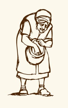 Yaşlı Yahudi, Müslüman, erkek, kol kola, kırsal İslami, ilkbahar, toprak, bitki yetiştirme çiftliği işiyle uğraşır. El çizimi İncil sanatı. Üzgün Asyalı beyaz köle kadın ona yemek ver.