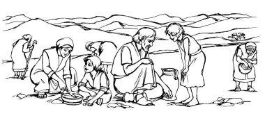 Yahudi Doğu Arap insan kalabalığı çocuk ayağa kalk mutlu beyaz gökyüzü taşı sinai kuru tohum saksı işi el çizimi eskiz zavallı yaşlı doğu hanımı Tanrı yemek yolunu korusun