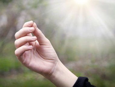 Genç erkek işçi kız kolu İncil 'de geçen güveni al Tanrı' ya göster. Yeni bir güç göster. Hayat için dua et. Makro görüntüyü kapat. Tek bir çiğ kuru kelime. Soya ağacı toprak tarlası.
