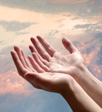 Closeup sacred young teen saint holy israel jew lady hold 2 open cup palm beg wish reach help give bless care divine love Lord life. Old biblic arab male guy boy sin soul spirit thank grace text space