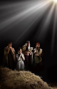Neşeli tebessüm Yahudi çocuk gel beşikte yaşa Noel arifesi kart karanlık metin alanı eski Yahudi saman ahırı mağara el ele tut dua et kuzu sahnesi yeni gospel kilise aşk yıldızı ışığı