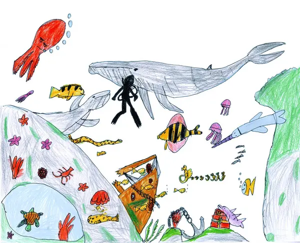 Şirin, soyut, derin su derinliği olan mercan kayalığı kaya taşı bitkisi, bitki sembolü, spor hobisi el, mavi pastel resim çizimi. Vahşi dünya çizgi film yıldızı yüzgeçli manzara