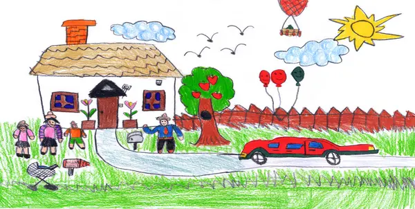 Neşelen, sevimli, küçük insan gülüşü anne ayakta oyuncak oyunu beyaz gökyüzü oynuyor. Renkli kalem boyası eğlence sanatçısı stili anne çimlerin keyfini çıkar park parkı çitlerin çatısı güneş ışığı şehrin eski okul rüyası