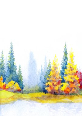 Canlı bir el çizimi akvaryum taze çimen güzellik sahnesi kağıt metin arkaplanı. Parlak kırmızı turuncu renkli boya çalılık sakin, serin hava günü. Manzaralı dere körfezi sahili kırsal arazi manzarası