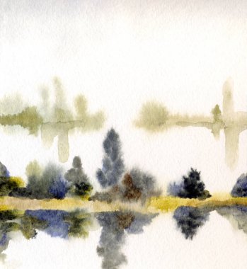 El çizimi suluboya resim çizimi kağıt metin alanı. Kırsal sakin çalı çalısı, çalı tarlası, dere yatağı, sel, yağmur manzarası. Serin bahar sisli sonbahar kumsal eski sanat eserleri sahnesi