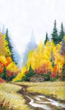 Kağıt desenli arkaplana elle çizilmiş suluboya resim. Taiga nemli sis günü manzaralı bulutlu manzara üzerine metin uzayı. Parlak kırmızı turuncu renk yabani çimen bitkisi kara akrilik Rusya manzarası