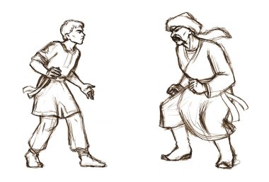 2 öfkeli doğulu çocuk kol rekabeti yarışması kadın kazanan yarışmacı savaş kahramanı. Çizgi çizilmiş rakip şövalye koruma giysi giysi oyun konseptine karşı eski İncil çağı sanat tarzı.