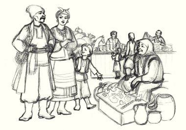 Retro festivali kızı perakende satış elemanı oyuncakları hediye malzemeleri mağazası sahnesinde çalışıyor. El yapımı Asya kasabası Asya çadır rafı...... erkek alıcı...... insan işçisi...... çaydanlık taze meyve tabağı...... sanatı stili gösteriyor.