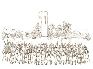 Retro past age Israeli century east nation male human Rahab scene. Black line hand drawn holy faith Jew Hebrew knight prayer Joshua shout trumpet break down pray god miracl sound stone ruin art sketch