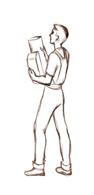 Erkek insan yapısı yeni boru lambası onarımı ağır kargo onarımı, beyaz boya, vinil duvarlı metin alanı. Kapalı yerde çekiliş, on sentlik beceri, yenilenme, çizim, çizim, karikatür tarzı sanat tasarımı.