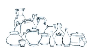 Yakın çekim İncil grubu bir sürü boş kırsal şarap şişesi bardak seti. Kırsal toprak yiyeceği, çamur sütü kavanozu, el işi, İncil 'de geçen sanatçının yetenek sembolü, hatıra ürünü.