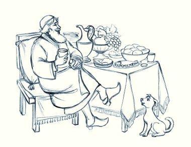 Orta Asya 'lı yaşlı sarhoş erkek Yahudi kadehi tutuyor. Şarap zevkli, neşeli, İslamcı tezahürat yapıyor. Parti köpeğini evinde selamlıyor. El çizimi İncil 'e ait bir öykü. Sanat eskizi. Gülümse. Fırında ekmek tabağı al.