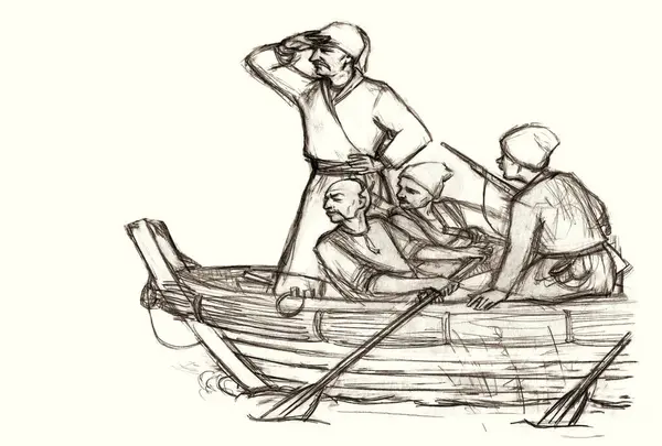 Geçen yüzyıl Norveç savaş tehlikesi kol fırtınası rüzgar dalgası kaşifi savaş gemisi kadırgasına yelken bezi beyaz gökyüzüne saldırdı. Kara çizgi, yelkenli yelkenliyi güverteye çekti Hetman kahraman karikatür çizimi