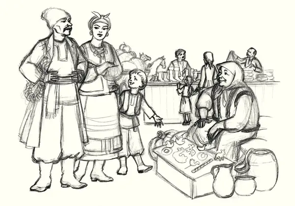 Retro festivali kızı perakende satış elemanı oyuncakları hediye malzemeleri mağazası sahnesinde çalışıyor. El yapımı Asya kasabası Asya çadır rafı...... erkek alıcı...... insan işçisi...... çaydanlık taze meyve tabağı...... sanatı stili gösteriyor.