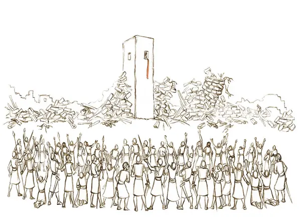 Retro past age Israeli century east nation male human Rahab scene. Black line hand drawn holy faith Jew Hebrew knight prayer Joshua shout trumpet break down pray god miracl sound stone ruin art sketch