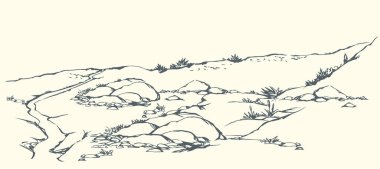 Eski sert uçurum kayalığı beyaz metin alanı ana hatları siyah el çizimi klasik karalama sanat sahnesi. Manzaralı bahar manzarası kuru bitkisel bitki çalılığı flora deniz suyu gölü Arap kıyısı havası