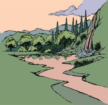 Eski mont siyah mürekkep kalem çizili el Oak fall Hill Dale yamaç yolu sahne resmi eski sanat tarzı. Sanatçı kalem çizgisi bile kum deresi sahili sazlık güneş bulutu görüntüsü metin alanı çizimleri