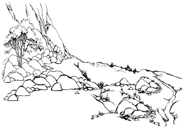 Eski Doğu Kırsal Arap çatlak toprak kanyon yamaçlı vaha el çizimi klasik İncil karikatürü resim çizimi sahne gökyüzü yazı uzayı. Manzaralı yaz manzaralı çalılık bitkisi Flora Asya Afrika Afrika Arap sıcak hava sembolü