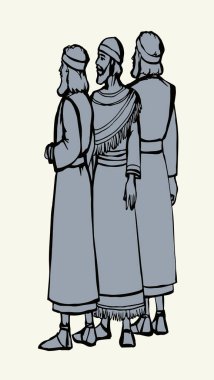 3 genç sakal grubu, Orta Doğu 'da yahudi din adamı figürü bornoz giysisi, İran' ın baş hükümdarı Yahudi. Çizgili kalem el Irak 'ı İran' a geri döndürdü Daniel tanrı Suriye eskiz sanatı tarzı hikaye