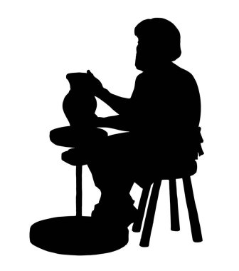 Kırsal geçmişe ait İncil 'de yazan adam, el ve el parmakları ıslak çember şeklinde tutarak çamur ürünü sanat eserleri tablosunu döndürür. Tarihsel erkek, kirli giysi, İncil, işçilik hobi sembolü, konsept, grafik çizim.