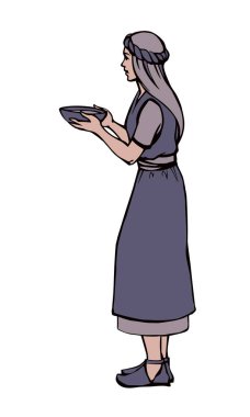 Genç, fakir, Yahudi, insan, yaşlı kadın, beyaz, kırsal, eski püskü, peçeli kumaş. El çizimi sanat eskizi mutlu kölelik çocuk çocuk işgücü iş etkinliği tepsisi getirin öğle yemeği için yalvarın