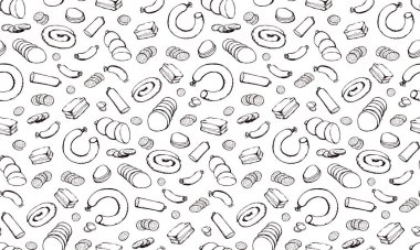 Kuru domuz bacağı kurutulmuş kurutulmuş bbq aperatif beyaz masa arkaplanı. Kırmızı Çizgili el çizilmiş kuzu eti, dana kaburga, sosis, pirzola, pirzola, ekmek kasabı, öğle yemeği menüsü simgesi, logo retro sanat tasarımı.