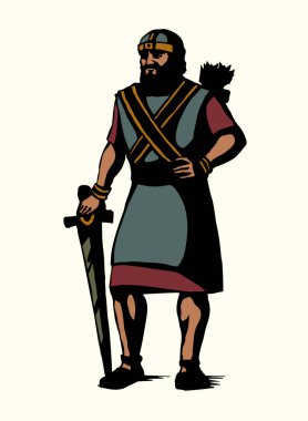 Geçmiş orta doğu üzgün Arap kraliyet kralı David tanrı kahraman zafer kazandı. Kara El beyaz Asyalı Yahudi gururlu bir savaş saldırısı olduğunu düşünüyor. Kılıç savaşı. İran giysisi.