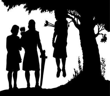 El çizimi siyah çizgi. Yahudi adam katıra biniyor. Çocuk çocuğu kovalıyor. Hasta hasta kız kurban... Kriz Şövalyesi düştü...