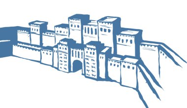 Beyaz gökyüzü metin uzayında mavi renkli aslan yardım heykeli tuğla dekoru Babil Hillah. Siyah el çizimi logo simgesi tasarımı retro sanatçının Orta Oryantasyon İncili tarzında. Ön görünüm