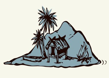 Eski yalnızlık turistik tatil beldesi deniz taşlı çöl beyaz gökyüzü. Siyah el, 1 bali konsept logo simgesi tabela sahnesi çizdi. Retro sanat karalama çizgisi çizgi film baskı tarzı gezi manzarası