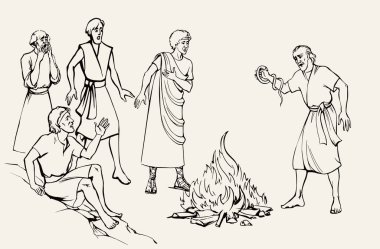 Yaşlı Yahudi namaz kılığına gir, Tanrı 'ya dua et ölü, vahşi, sürüngen dişleri öldür, kol kavgası yap, sıcak, beyaz, deniz kıyısındaki vahşi yaşam sahil kampında öl. İsrailli yahudi adam inanç hikayesi eskizini çizdi.