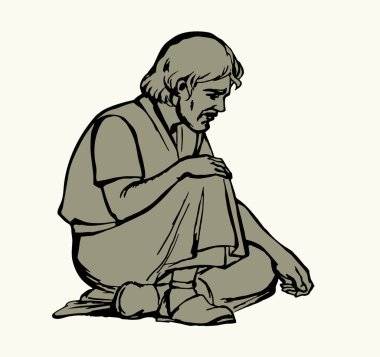 Zavallı kırsal kesimdeki beyaz Asya bornozu giysisi giysisi aşağı bakıyor. Üzücü üzgün Yahudi koltuğu sokağı. Bekle. Allah çok umut versin. Geçmiş yaştan kalma İslami Arap el çizimi.