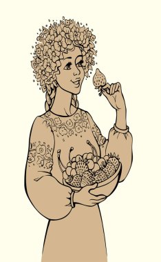 Genç tezahürat yapan genç bayan insan yüzü kolu eski beyaz kır bitkisinin tadını çıkarıyor. El yapımı retro sanat eskizi olgun bahar sezonu lezzetli, taze, biyo-yetişmiş diyet atıştırmalık kültürü taşıyor.