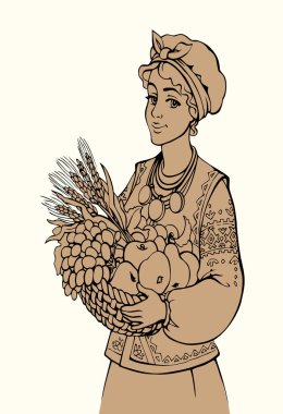 Genç, genç, genç, insan yüzlü bayan kolunun keyfini çıkarın. Eski, kır yetişmiş, çavdar tohumu, kulak tohumu, el yapımı retro sanat eskizi. Kokulu taze, sulu, biyolojik armut yetiştirme diyet şarap kasesi taşıyın.