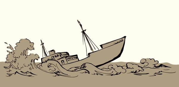 Древние деревянные ржавые большие фрегаты нижней мачты остаются на белом небе текстового пространства. Контур черная рука нарисована глубокий морской раковина ветер проблемы галеон логотип знак эскиз в стиле арт-ретро каракули мультяшной линии