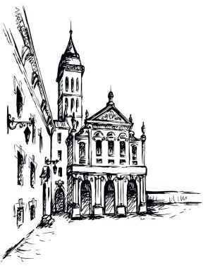 Şehir merkezinde yaşlanmış romantik bir yaz yeri. Büyük çizgi ortaçağ ön kapı manzarası. Eskimiş karikatür karikatür karalama gravür stiliyle çizilmiş siyah bir el resmi. Beyaz gökyüzü arkaplanındaki kağıt metin alanı