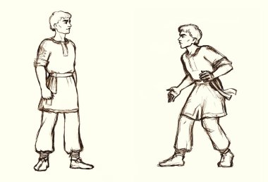 Öfke, doğudaki delikanlıyı rahatsız eder. Stres altında duran genç adam. Yumruk çabası. El çizimi kadın korku korkusu boksörlere karşı kick sporu konsepti eski moda sanat tarzı