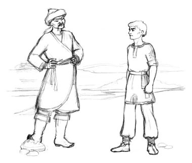 Ciddi, genç, doğulu bir çocuk, tehlikeli bir yetişkinin koluna karşı. Kazanan, savaş, savaş, savaş, savaş, savaş, savaş, kahramanları, gökyüzü. El çizimi 2 şövalye stres sorunu saldırı konsepti geçmişe dönük çizim tarzı sembol