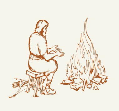 Geçmiş retro neolith dönemi yerli kültürü güçlü vücut koltuğu taş avlama aracı savaş kolu yayı. Elle çizilmiş kirli göçebe derisi kürk, pişir, yak, yak, yak, ye, resim taslak simgesi.