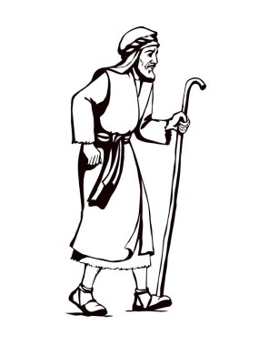 Yetişkin bilge, orta yaşlı erkek Yahudi, beyaz bornoz, baston görünümlü İsrail elbisesi giyer. El çizimi siyah retro müslüman uae uae hindi çöl adam Paul dua Tanrı İsa Mesih inancı yol inanış İslam sanat yolu